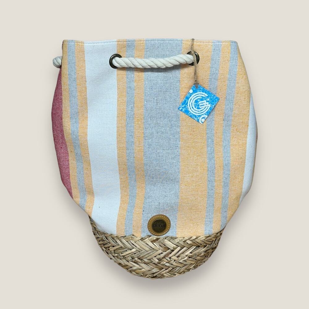 Global Stripe Rope Handle Woven Straw Tote Bag, Beach Backpack